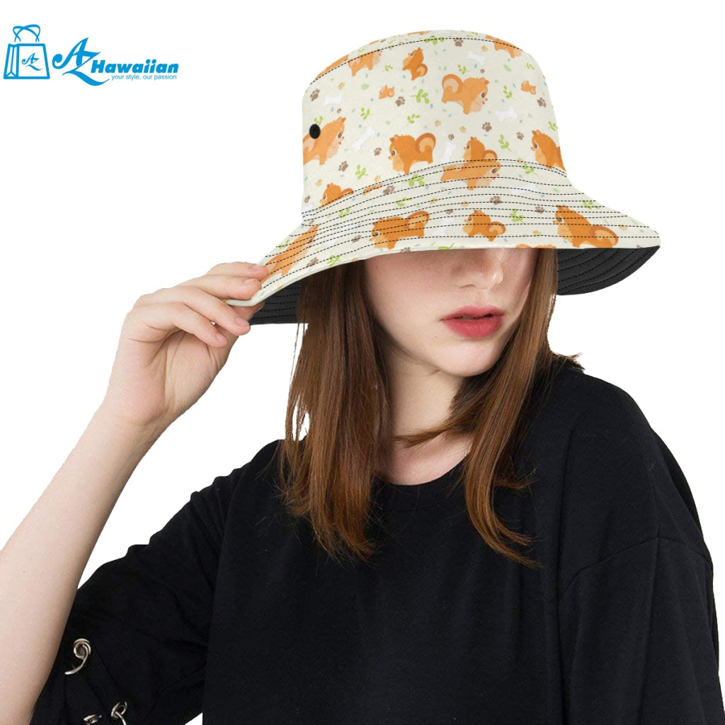 Cute brown pomeranian paw leave bone pattern Unisex Bucket Hat