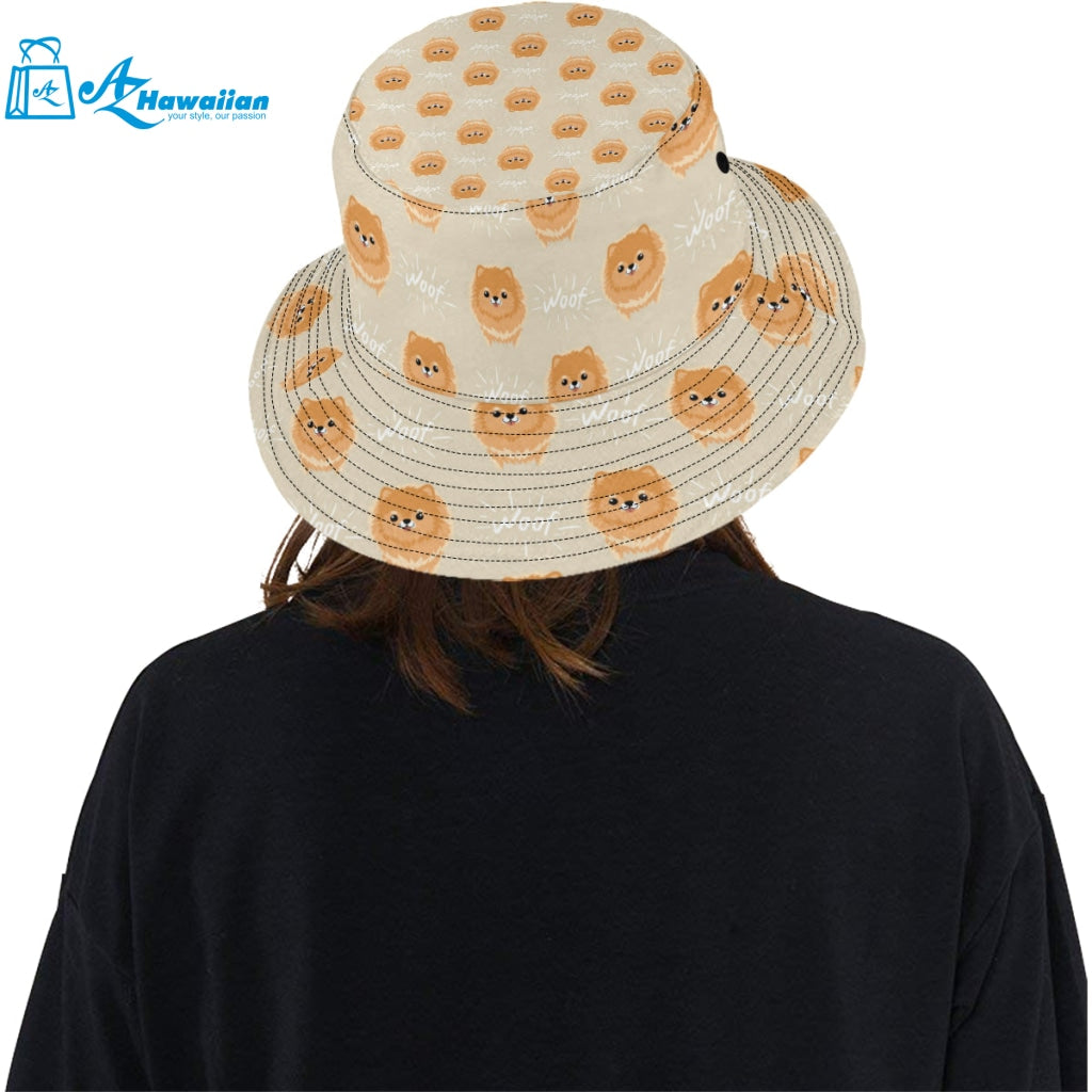 Cute brown pomeranian puppy on blue Unisex Bucket Hat