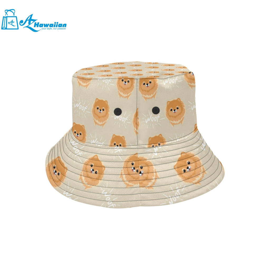 Cute brown pomeranian puppy on blue Unisex Bucket Hat