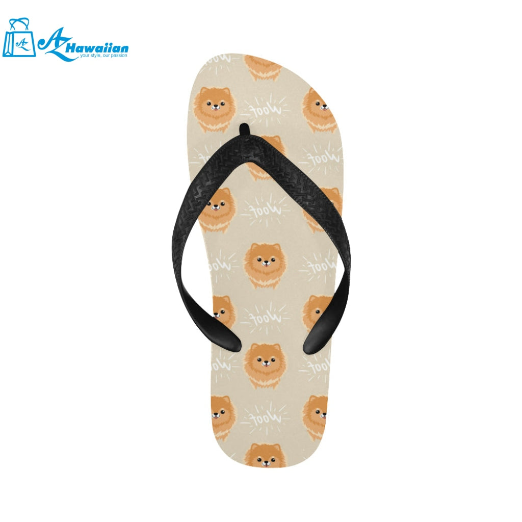 Cute brown pomeranian puppy on blue Unisex Flip Flops