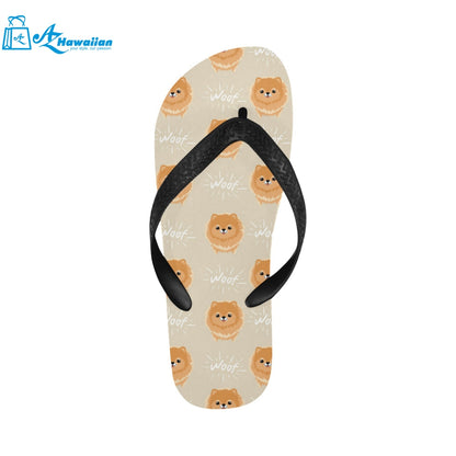 Cute brown pomeranian puppy on blue Unisex Flip Flops