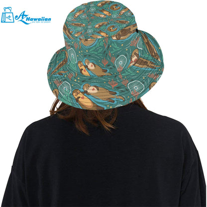 cute brown sea otters ornamental seaweed corals gr Unisex Bucket Hat