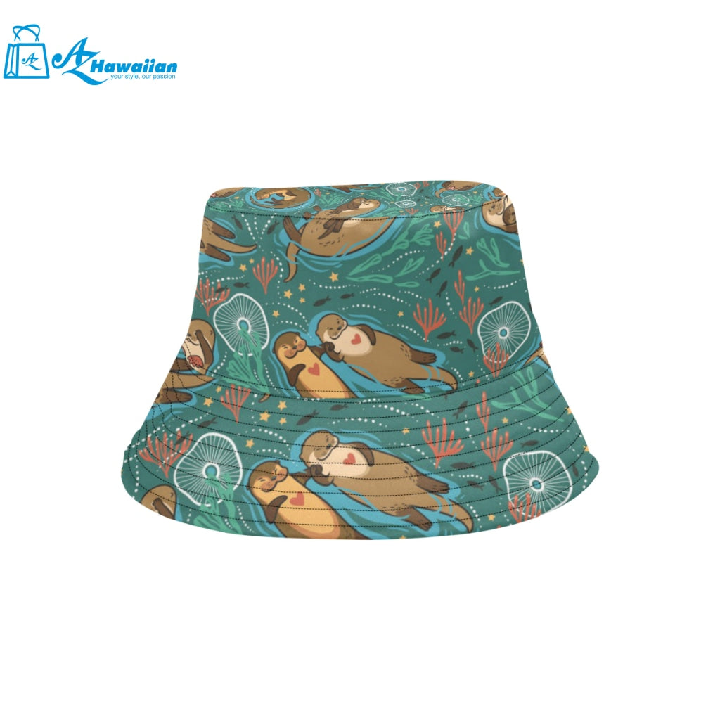 cute brown sea otters ornamental seaweed corals gr Unisex Bucket Hat