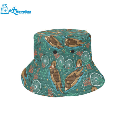 cute brown sea otters ornamental seaweed corals gr Unisex Bucket Hat