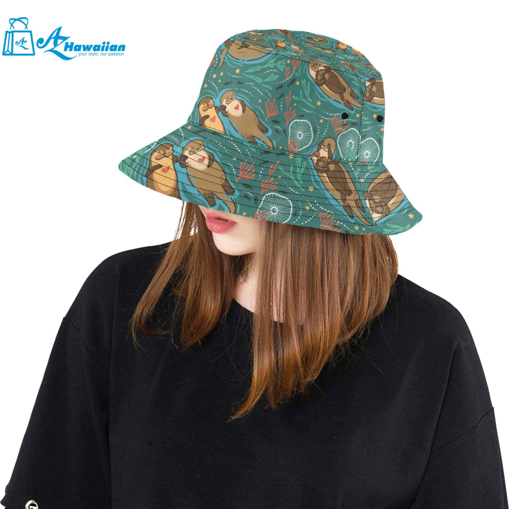 cute brown sea otters ornamental seaweed corals gr Unisex Bucket Hat