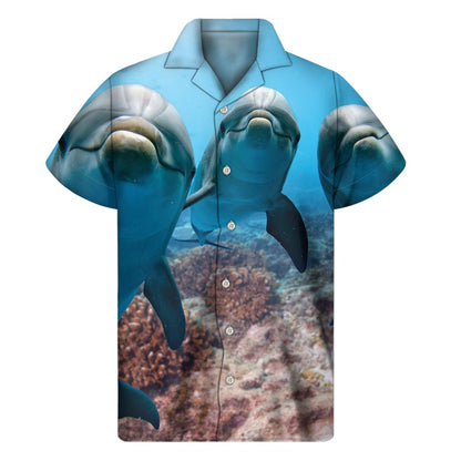 Cute Dolphins In The Ocean Print Mens Short Sleeve Shirt Hawaiian