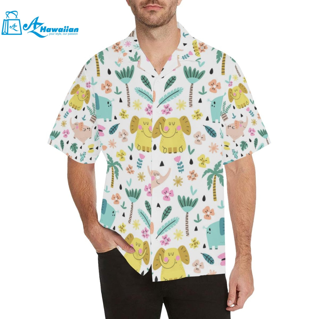 Cute Elephants Palm Tree Flower Butterfly Pattern Mens All Over Print Hawaiian Shirt