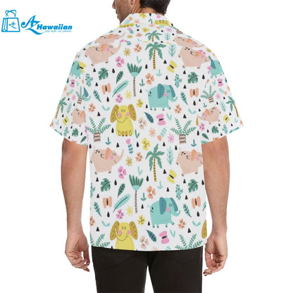 Cute Elephants Palm Tree Flower Butterfly Pattern Mens All Over Print Hawaiian Shirt