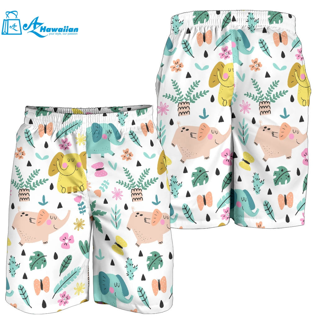 Cute Elephants Palm Tree Flower Butterfly Pattern Men Shorts