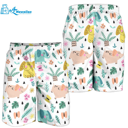 Cute Elephants Palm Tree Flower Butterfly Pattern Men Shorts