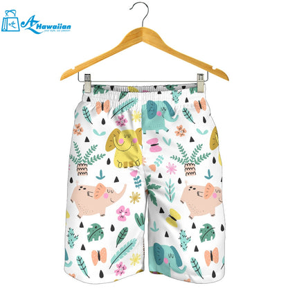 Cute Elephants Palm Tree Flower Butterfly Pattern Men Shorts