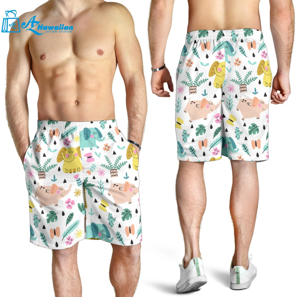 Cute Elephants Palm Tree Flower Butterfly Pattern Men Shorts