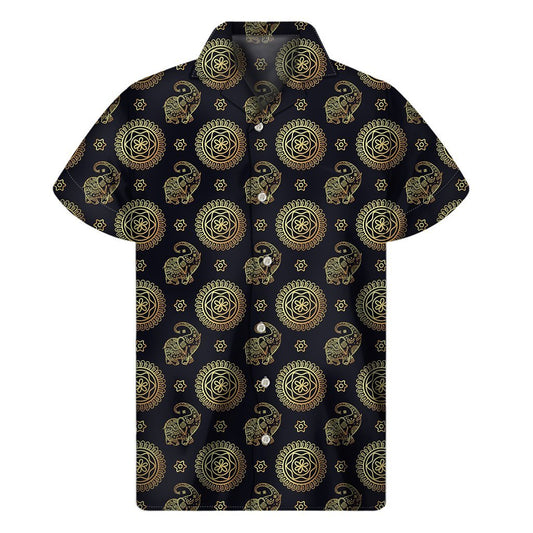 Cute Gold Boho Elephant Pattern Print Mens Short Sleeve Shirt Hawaiian