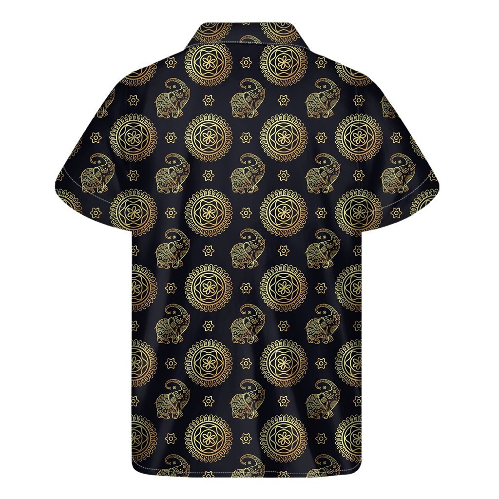 Cute Gold Boho Elephant Pattern Print Mens Short Sleeve Shirt Hawaiian