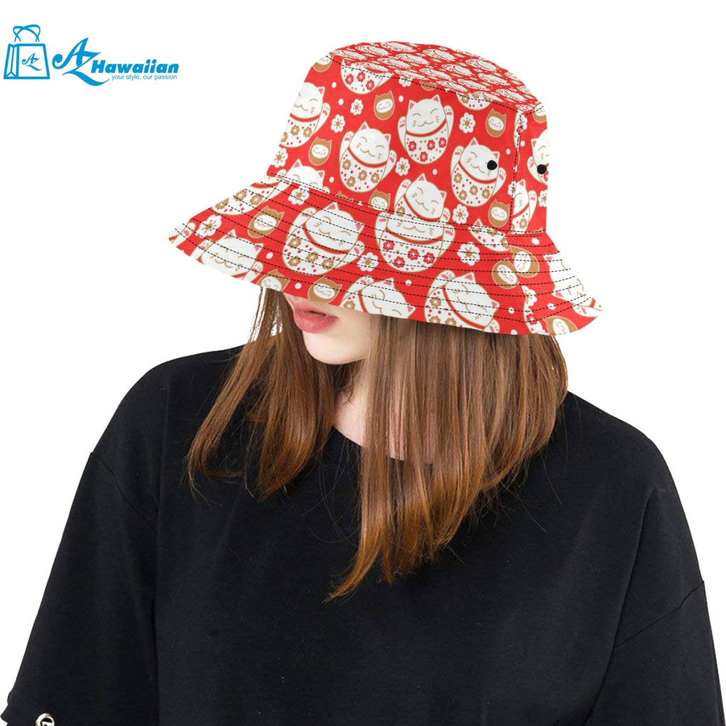 Cute Maneki neko cat red background Unisex Bucket Hat