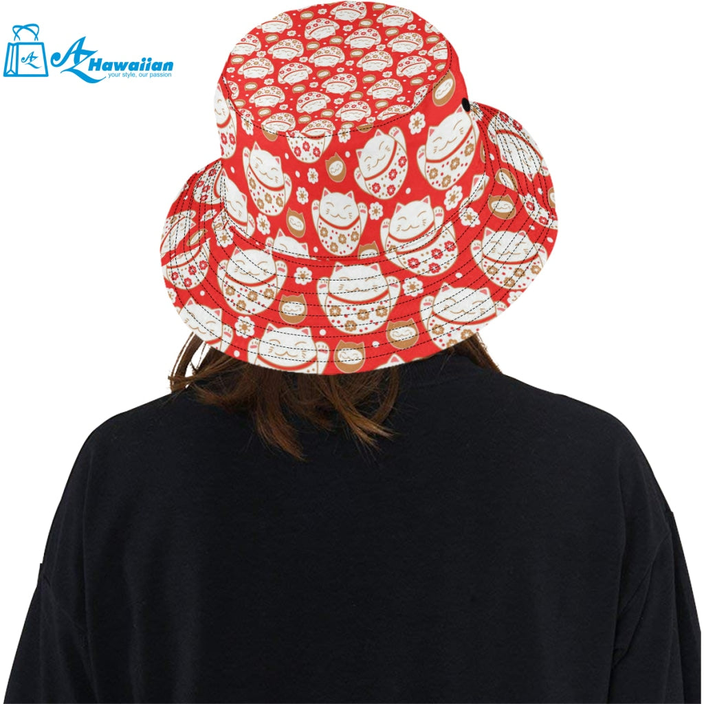 Cute Maneki neko cat red background Unisex Bucket Hat