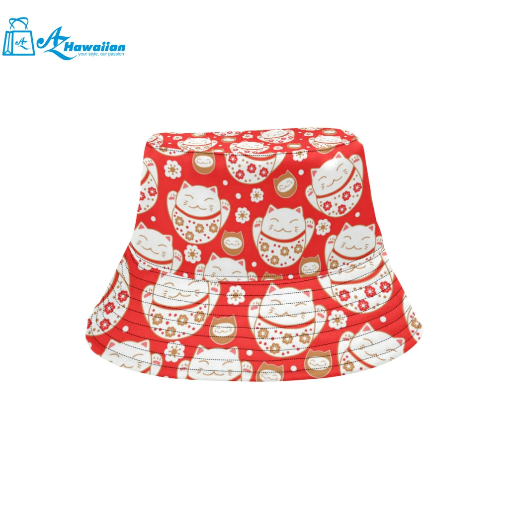 Cute Maneki neko cat red background Unisex Bucket Hat