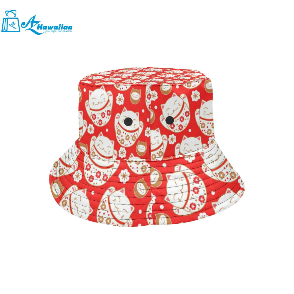 Cute Maneki neko cat red background Unisex Bucket Hat