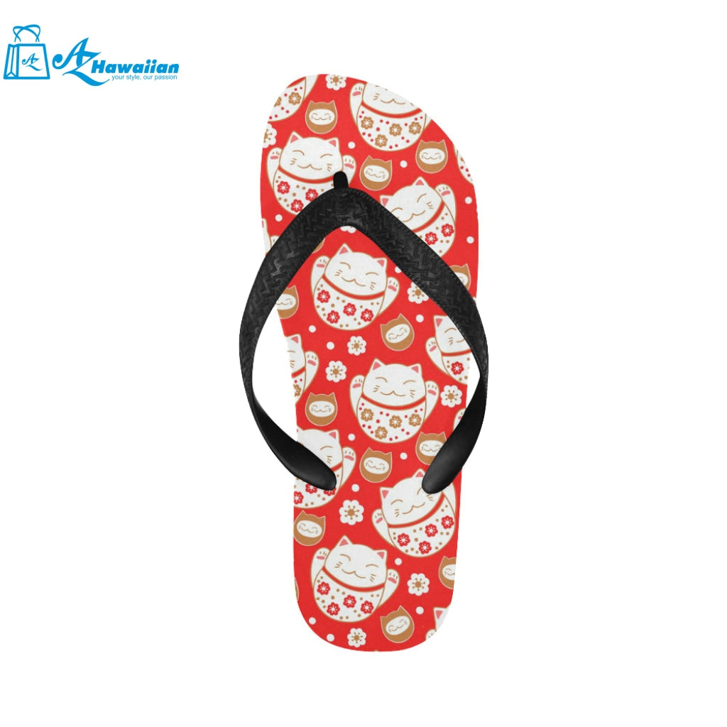 Cute Maneki neko cat red background Unisex Flip Flops