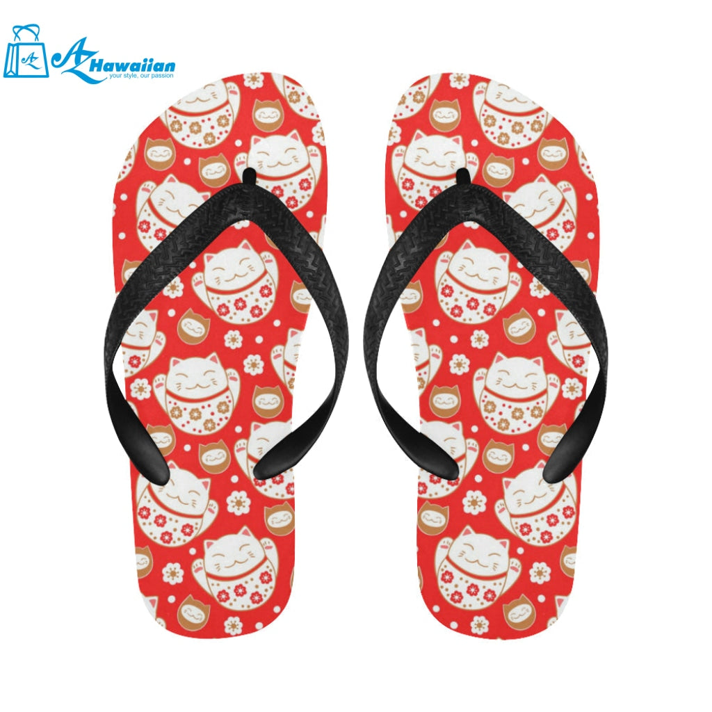 Cute Maneki neko cat red background Unisex Flip Flops