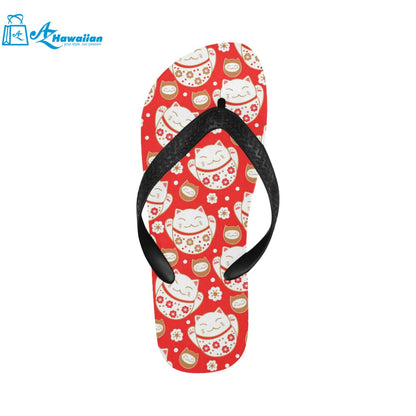 Cute Maneki neko cat red background Unisex Flip Flops