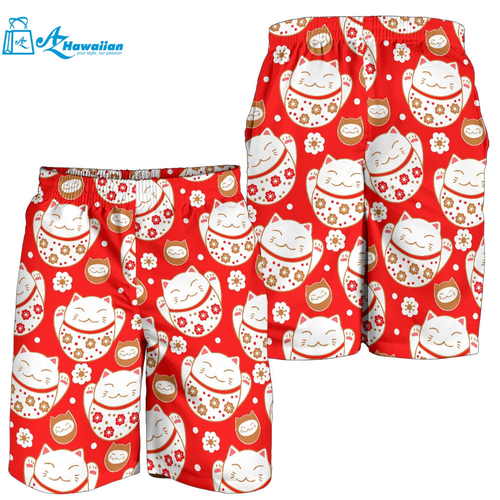 Cute Maneki Neko Lucky Cat Red Background Men Shorts