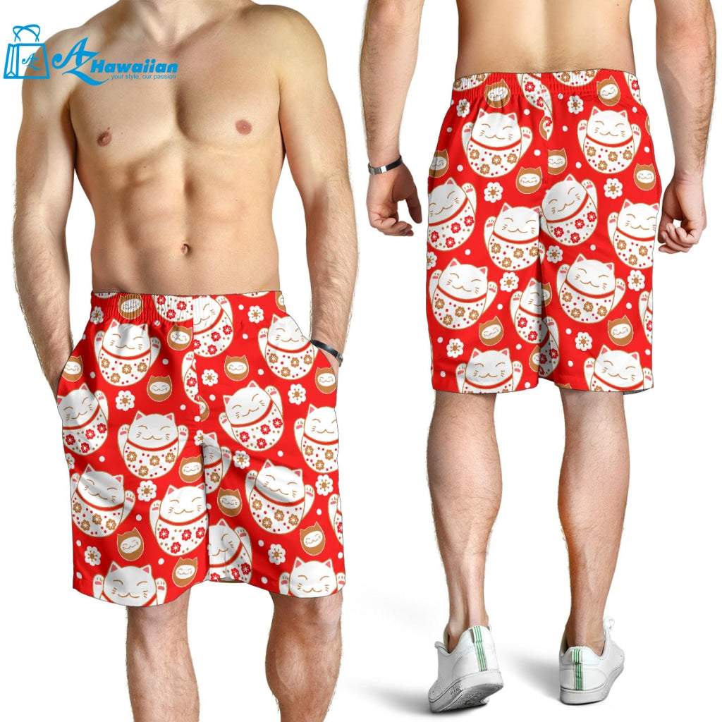 Cute Maneki Neko Lucky Cat Red Background Men Shorts