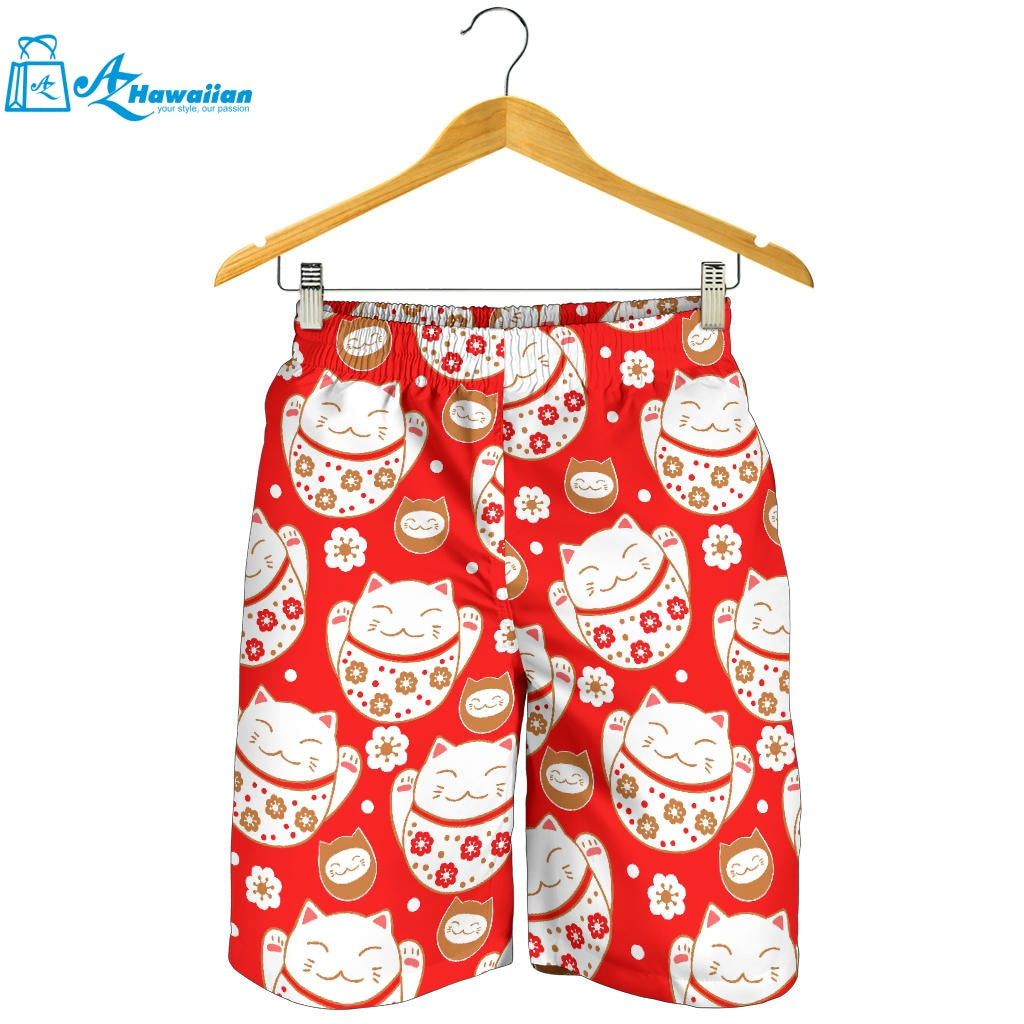 Cute Maneki Neko Lucky Cat Red Background Men Shorts