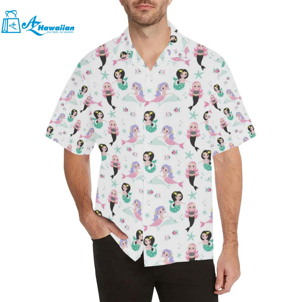 Cute Mermaid Dolphin Fish Starfish Pattern Mens All Over Print Hawaiian Shirt