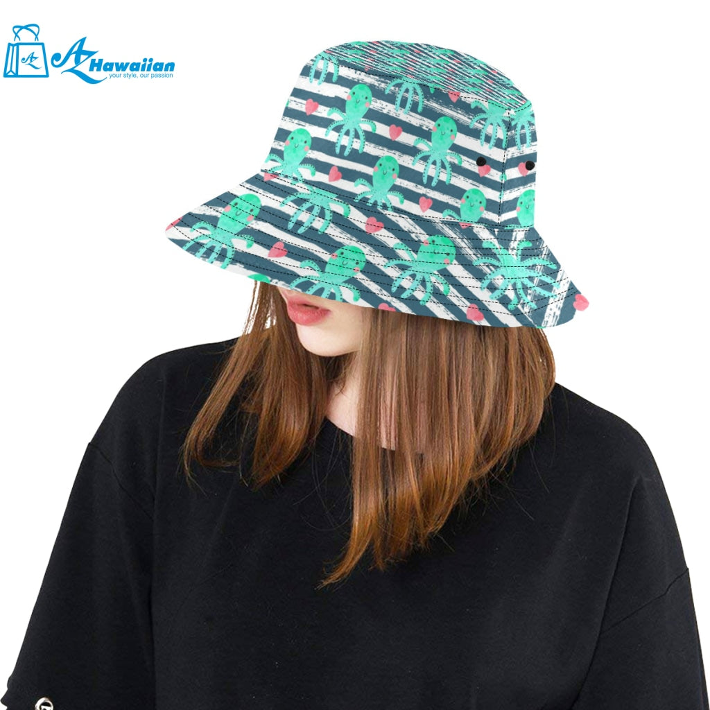 Cute octopuses heart striped background Unisex Bucket Hat