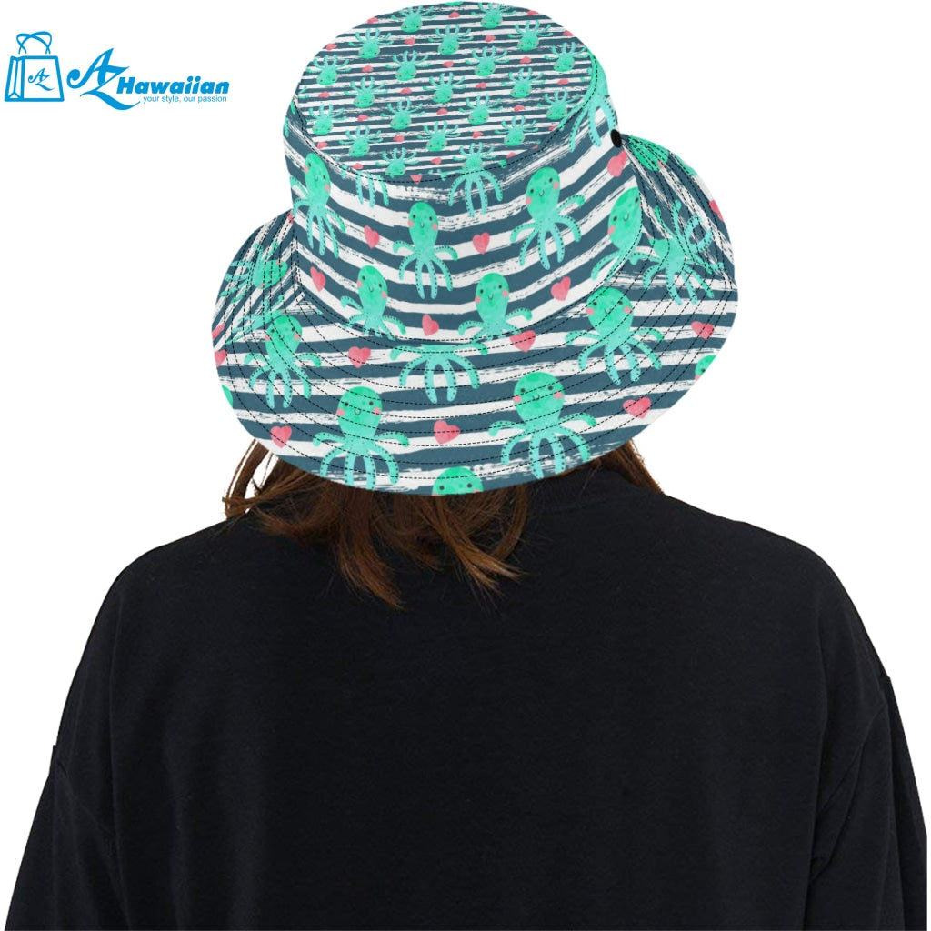 Cute octopuses heart striped background Unisex Bucket Hat