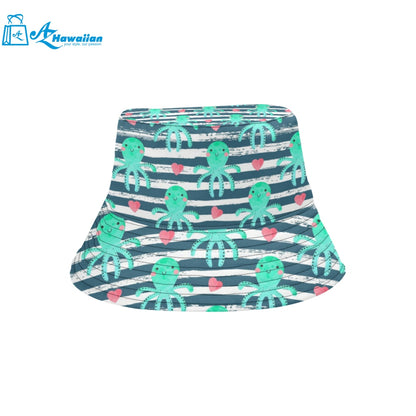 Cute octopuses heart striped background Unisex Bucket Hat