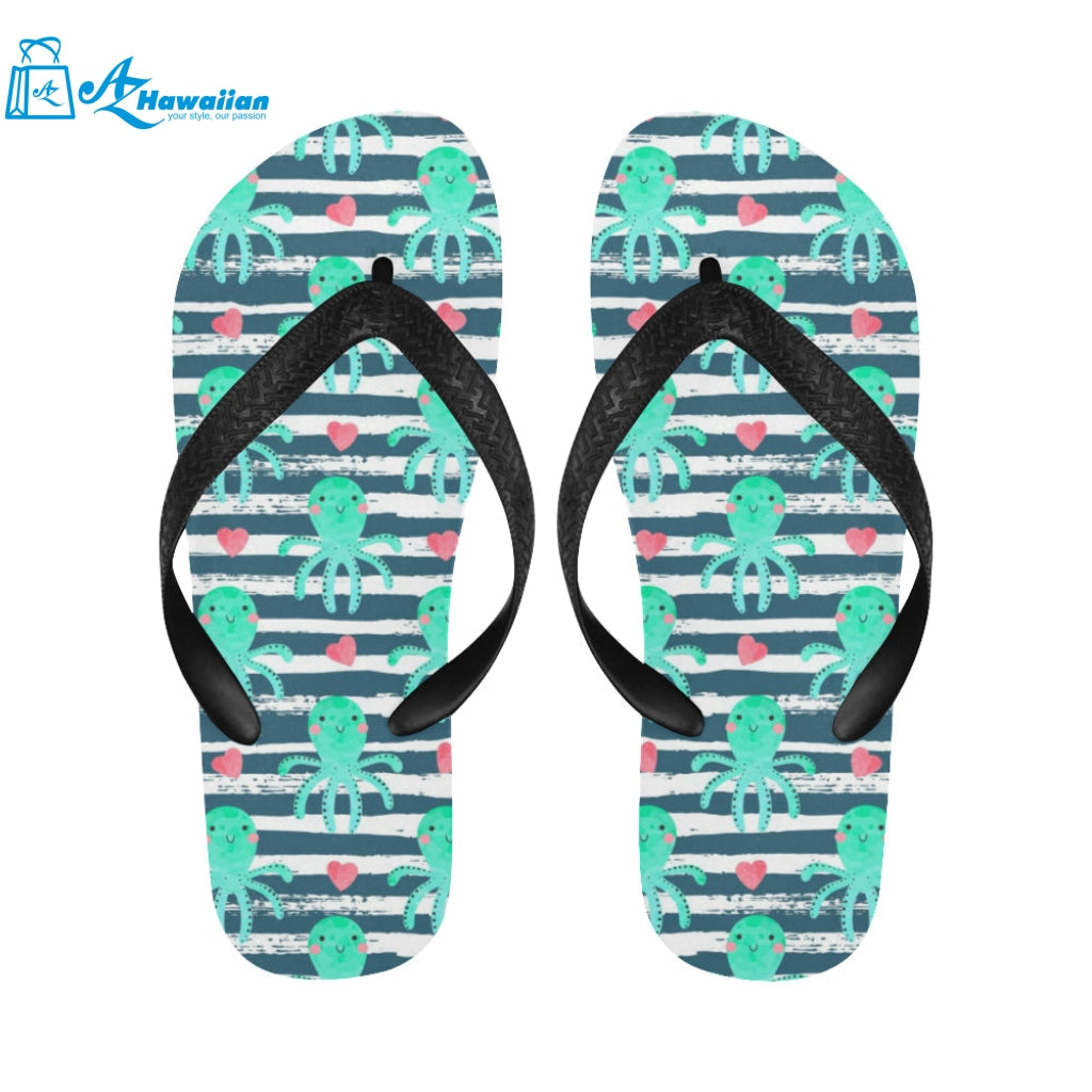 Cute octopuses heart striped background Unisex Flip Flops