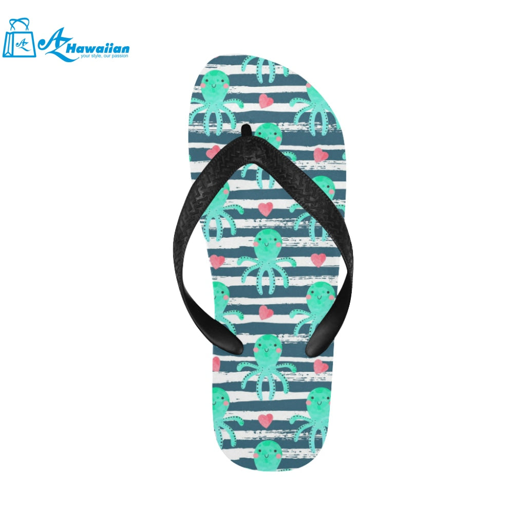 Cute octopuses heart striped background Unisex Flip Flops