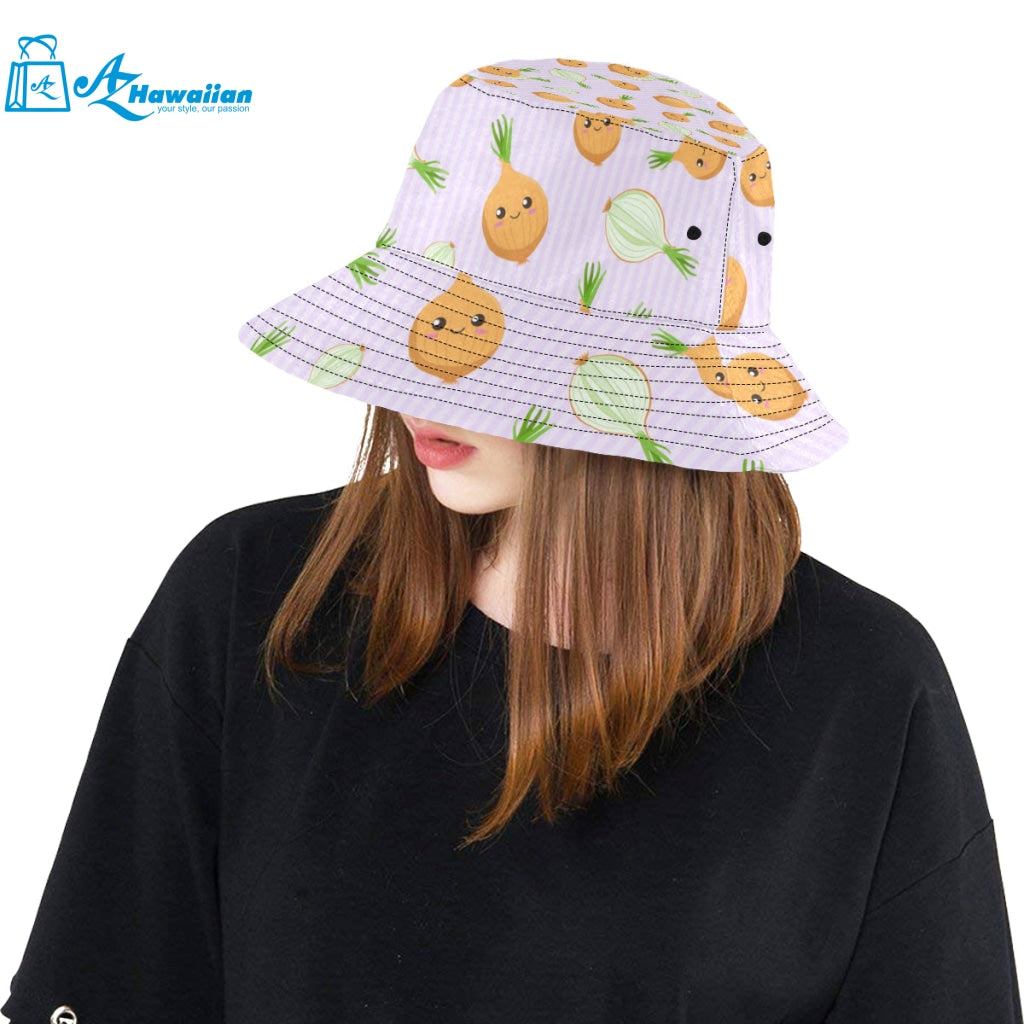 cute onions smiling faces purple background Unisex Bucket Hat