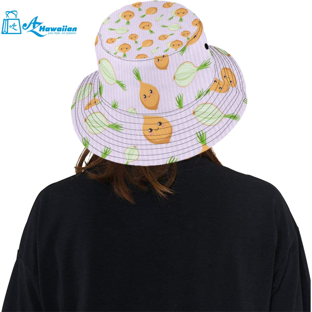 cute onions smiling faces purple background Unisex Bucket Hat