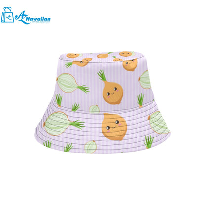 cute onions smiling faces purple background Unisex Bucket Hat