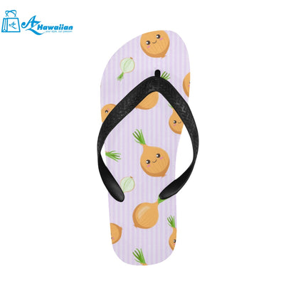 cute onions smiling faces purple background Unisex Flip Flops