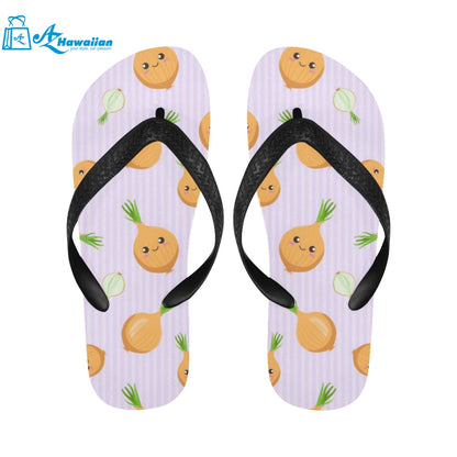 cute onions smiling faces purple background Unisex Flip Flops