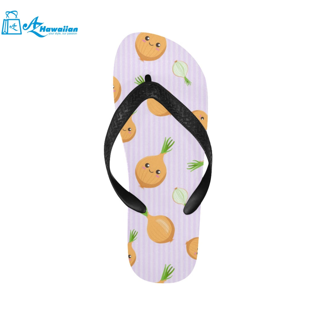 cute onions smiling faces purple background Unisex Flip Flops