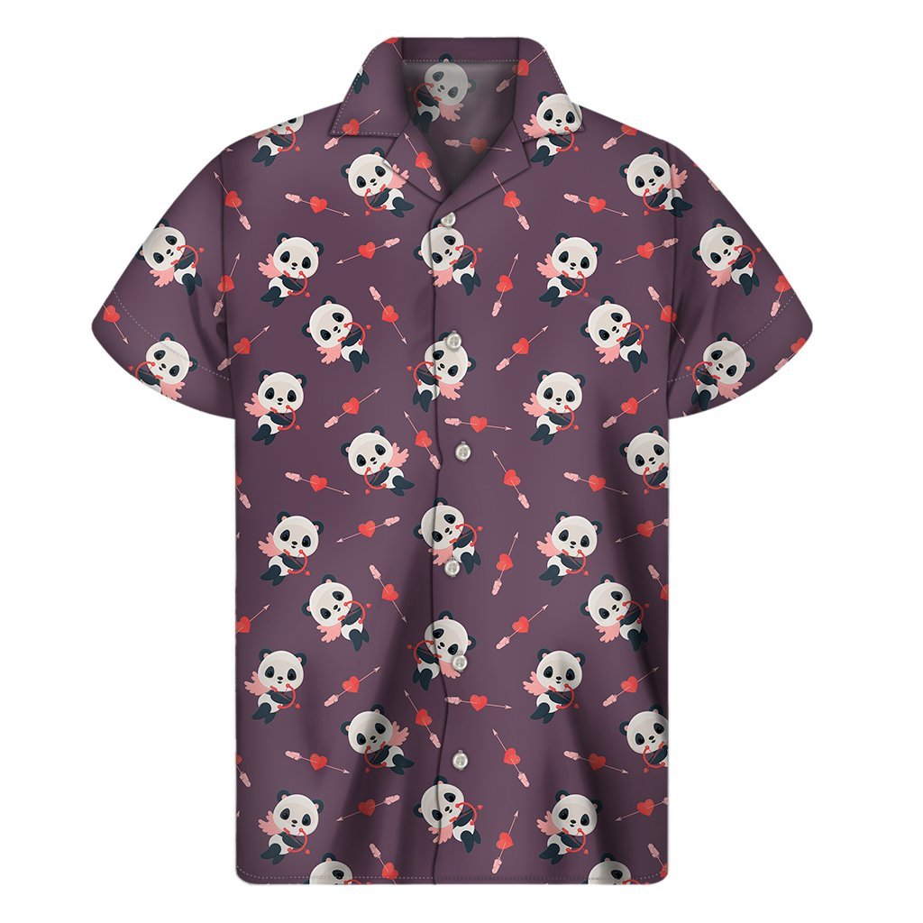 Cute Panda Cupid Valentine Pattern Print Mens Short Sleeve Shirt Hawaiian