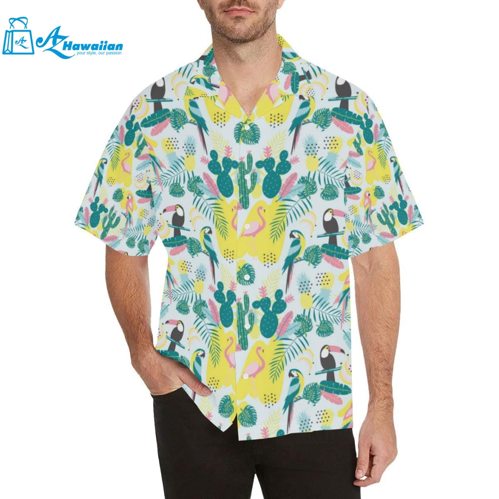 Cute Parrot Toucan Flamingo Cactus Exotic Leaves P Mens All Over Print Hawaiian Shirt