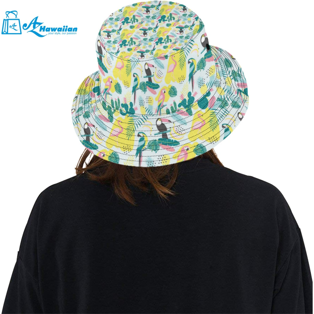 Cute parrot toucan flamingo cactus exotic leaves p Unisex Bucket Hat