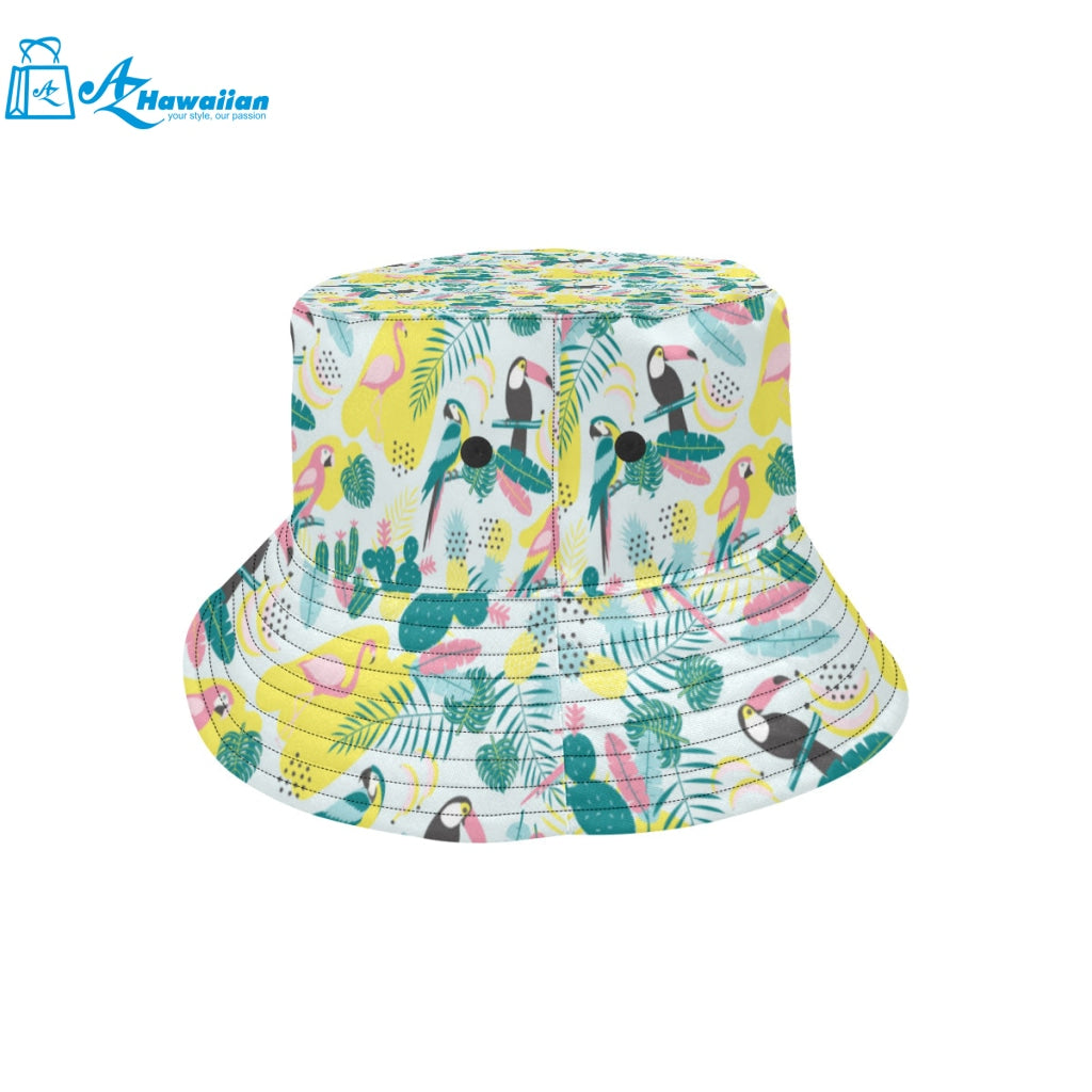 Cute parrot toucan flamingo cactus exotic leaves p Unisex Bucket Hat