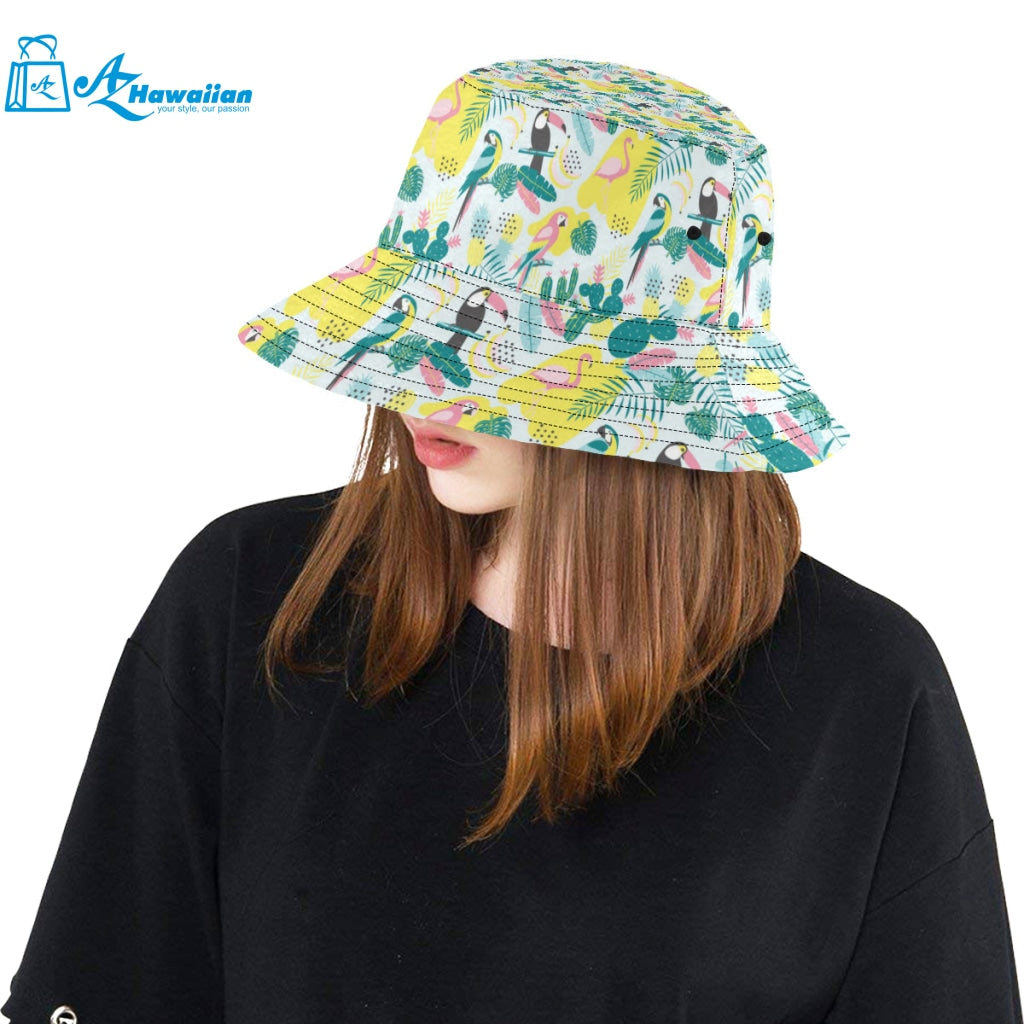 Cute parrot toucan flamingo cactus exotic leaves p Unisex Bucket Hat