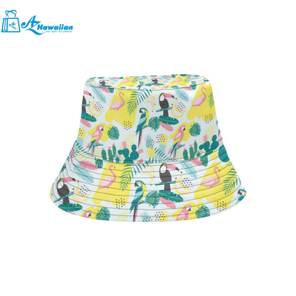 Cute parrot toucan flamingo cactus exotic leaves p Unisex Bucket Hat