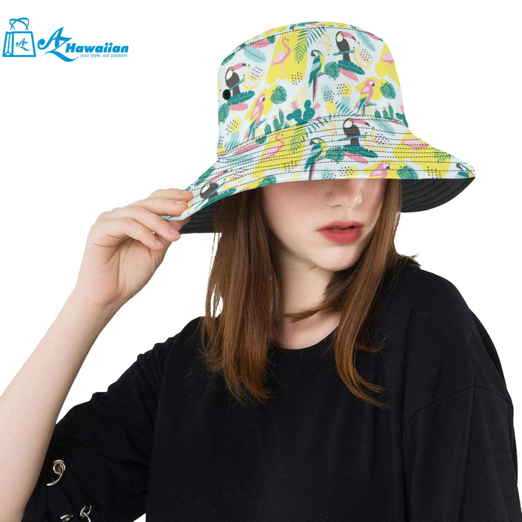 Cute parrot toucan flamingo cactus exotic leaves p Unisex Bucket Hat