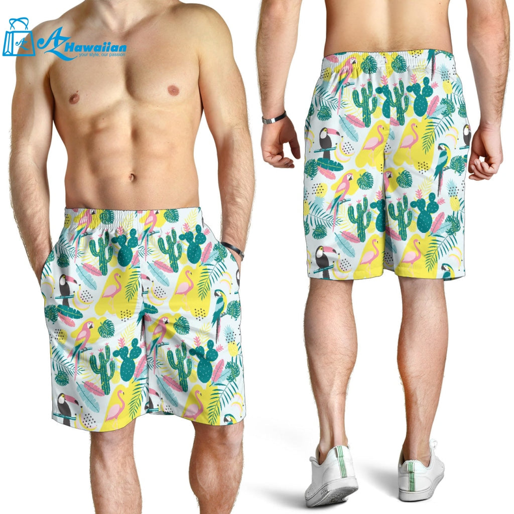 Cute Parrot Toucan Flamingo Cactus Exotic Leaves Pattern Men Shorts