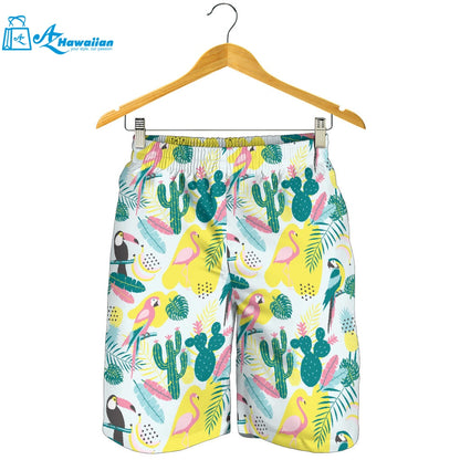 Cute Parrot Toucan Flamingo Cactus Exotic Leaves Pattern Men Shorts