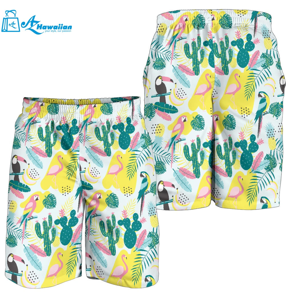 Cute Parrot Toucan Flamingo Cactus Exotic Leaves Pattern Men Shorts